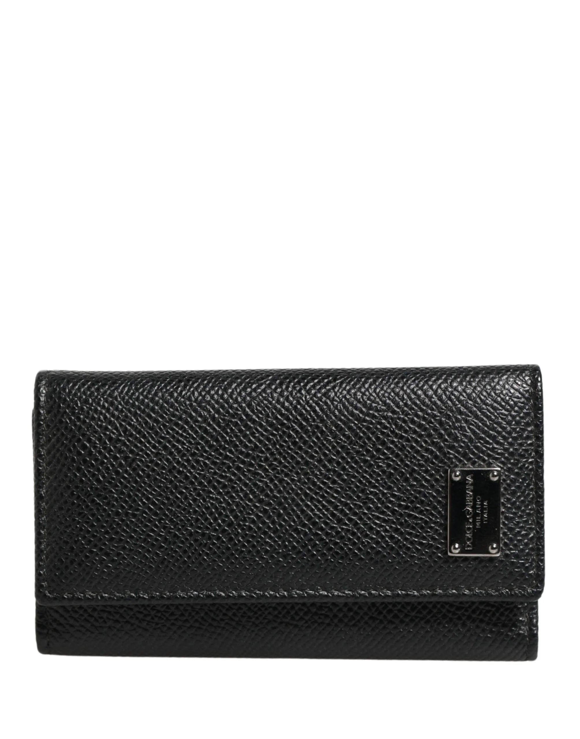 Dolce & Gabbana Black Leather Silver Metal Logo Plaque Trifold Keyring
