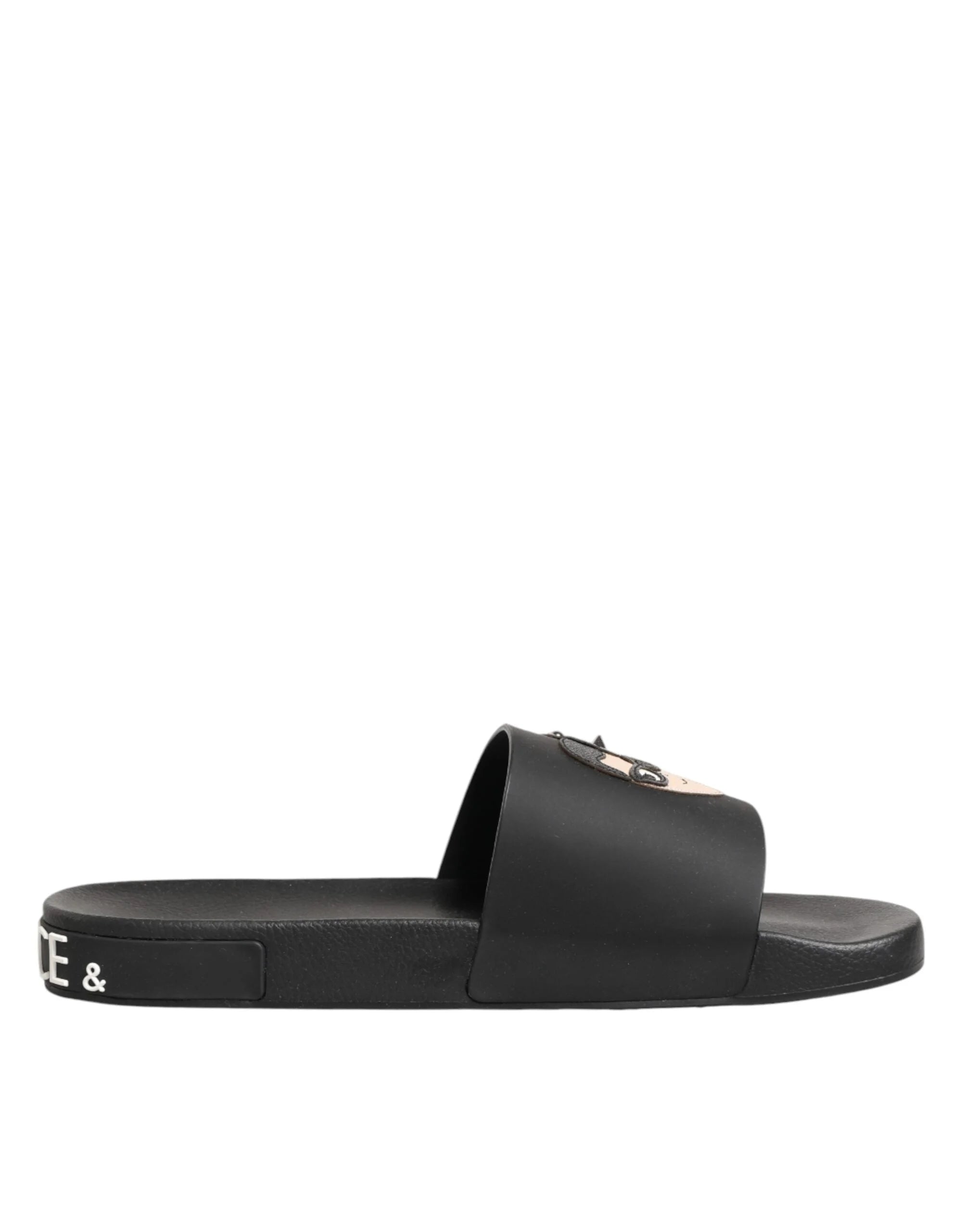 Dolce & Gabbana Black Leather Slides Sandals Beachwear Shoes