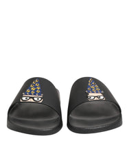 Dolce & Gabbana Black Leather Slides Sandals Beachwear Shoes