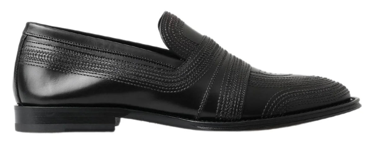 Dolce & Gabbana Black Leather Slipper Loafers Stitched Shoes - Flats