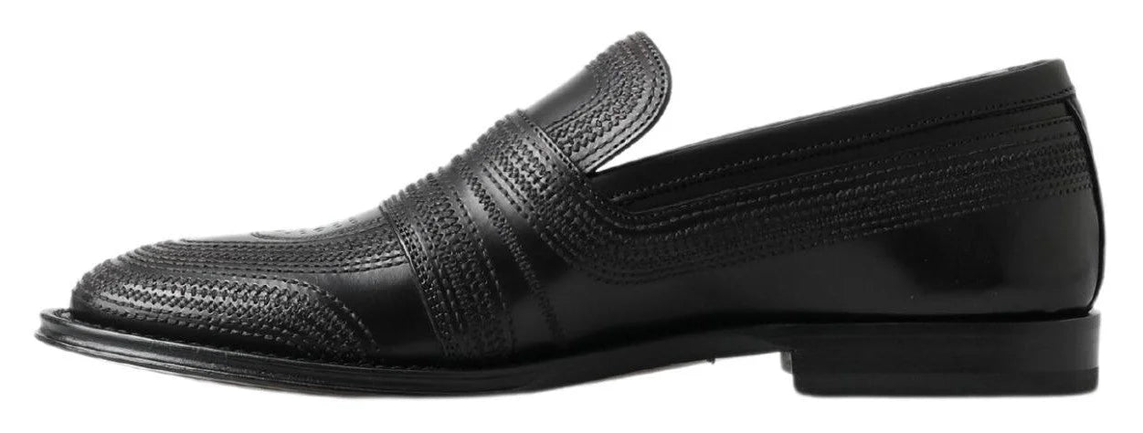 Dolce & Gabbana Black Leather Slipper Loafers Stitched Shoes - Flats