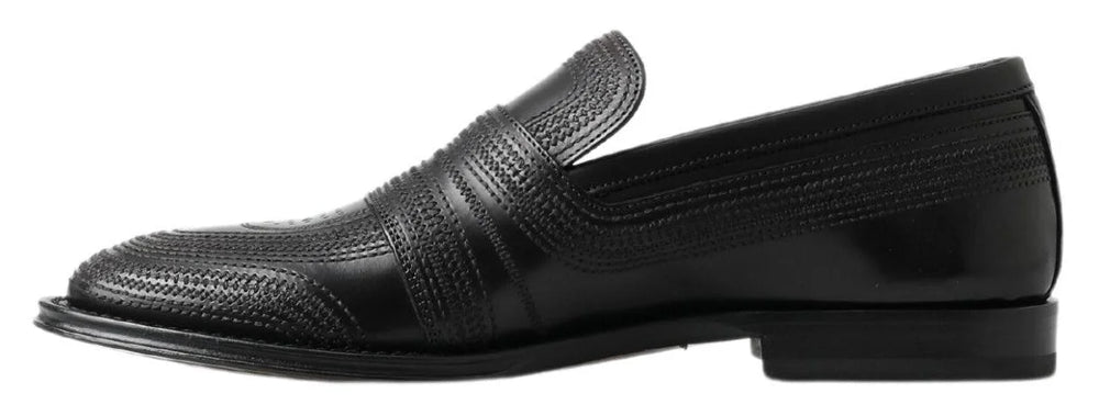 Dolce & Gabbana Black Leather Slipper Loafers Stitched Shoes - Flats