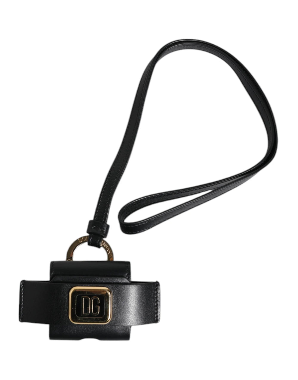 Dolce & Gabbana Black Leather Strap Gold Metal Logo Plaque Airpods Case - Headphone Carrying Cases