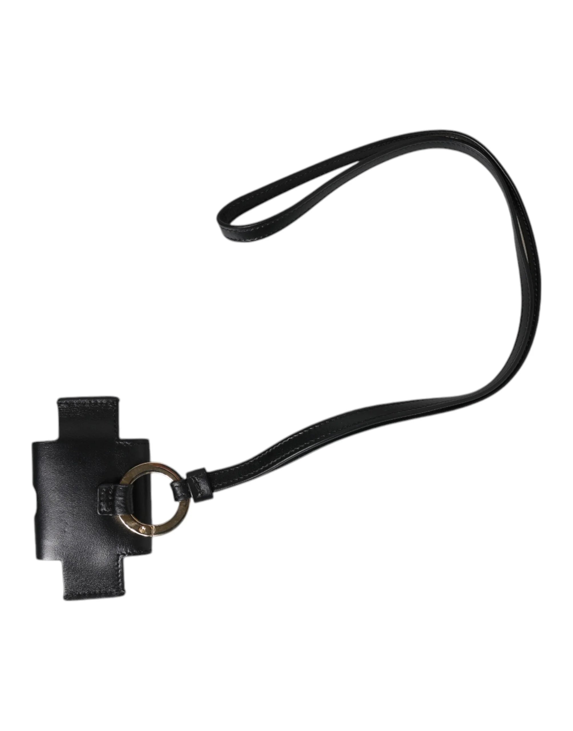Dolce & Gabbana Black Leather Strap Gold Metal Logo Plaque Airpods Case - Headphone Carrying Cases