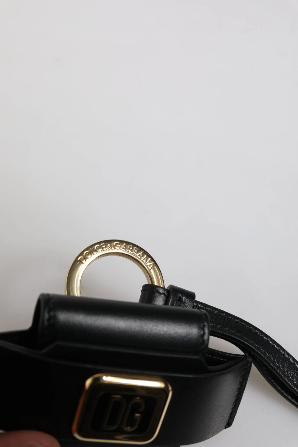 Dolce & Gabbana Black Leather Strap Gold Metal Logo Plaque Airpods Case - Headphone Carrying Cases