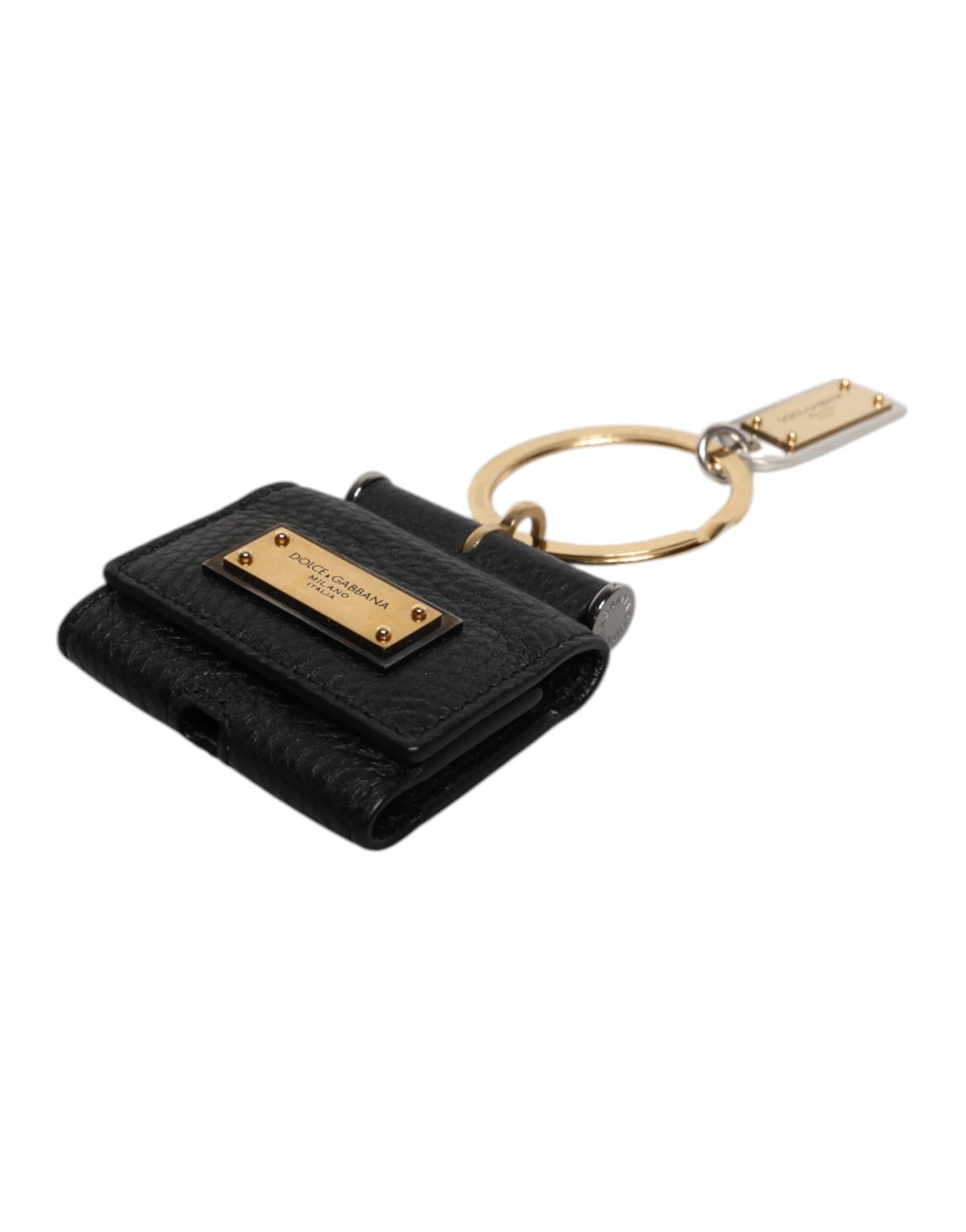Dolce & Gabbana Black Leather Strap Gold Metal Logo Plaque Airpods Case - Headphone Carrying Cases
