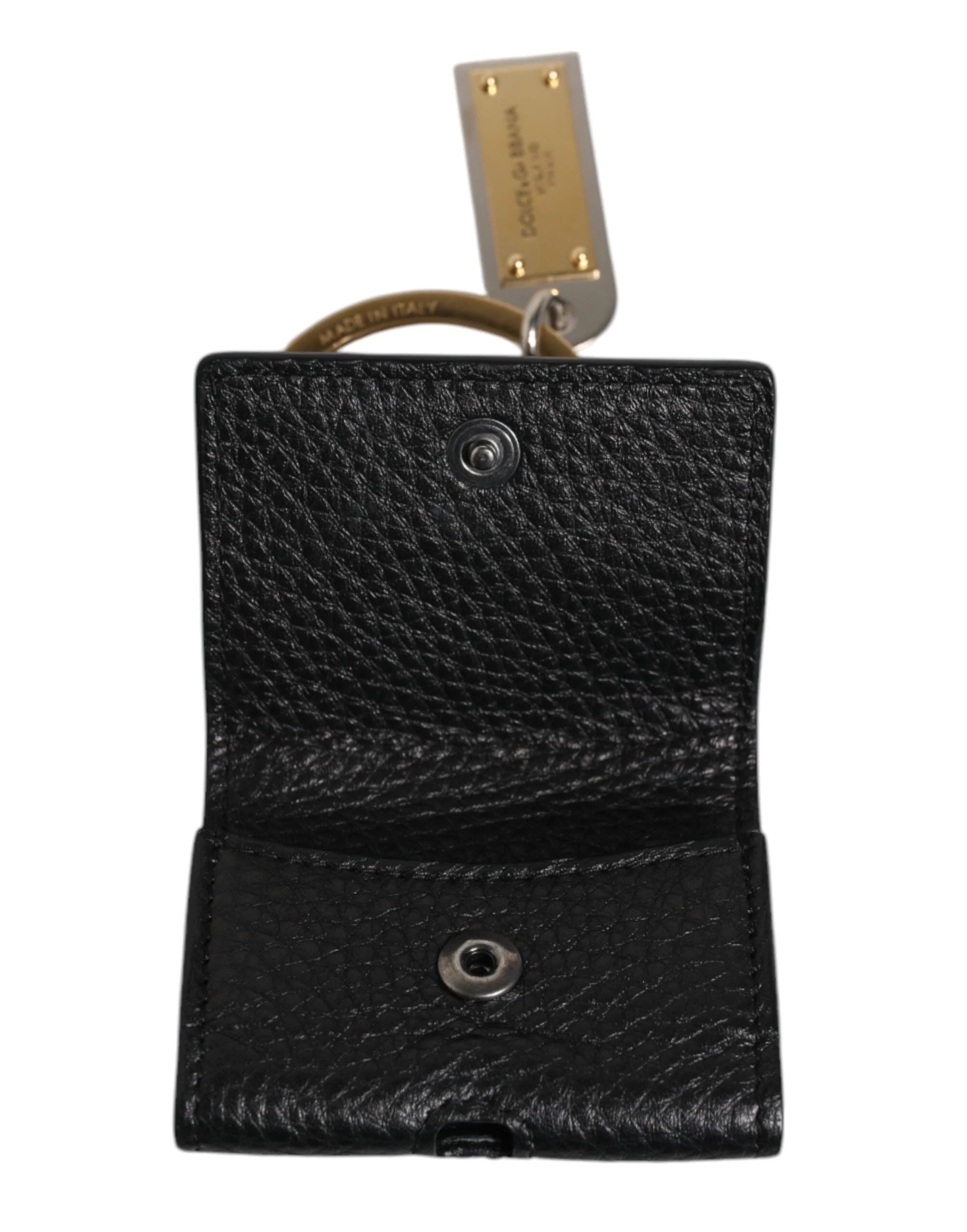 Dolce & Gabbana Black Leather Strap Gold Metal Logo Plaque Airpods Case - Headphone Carrying Cases