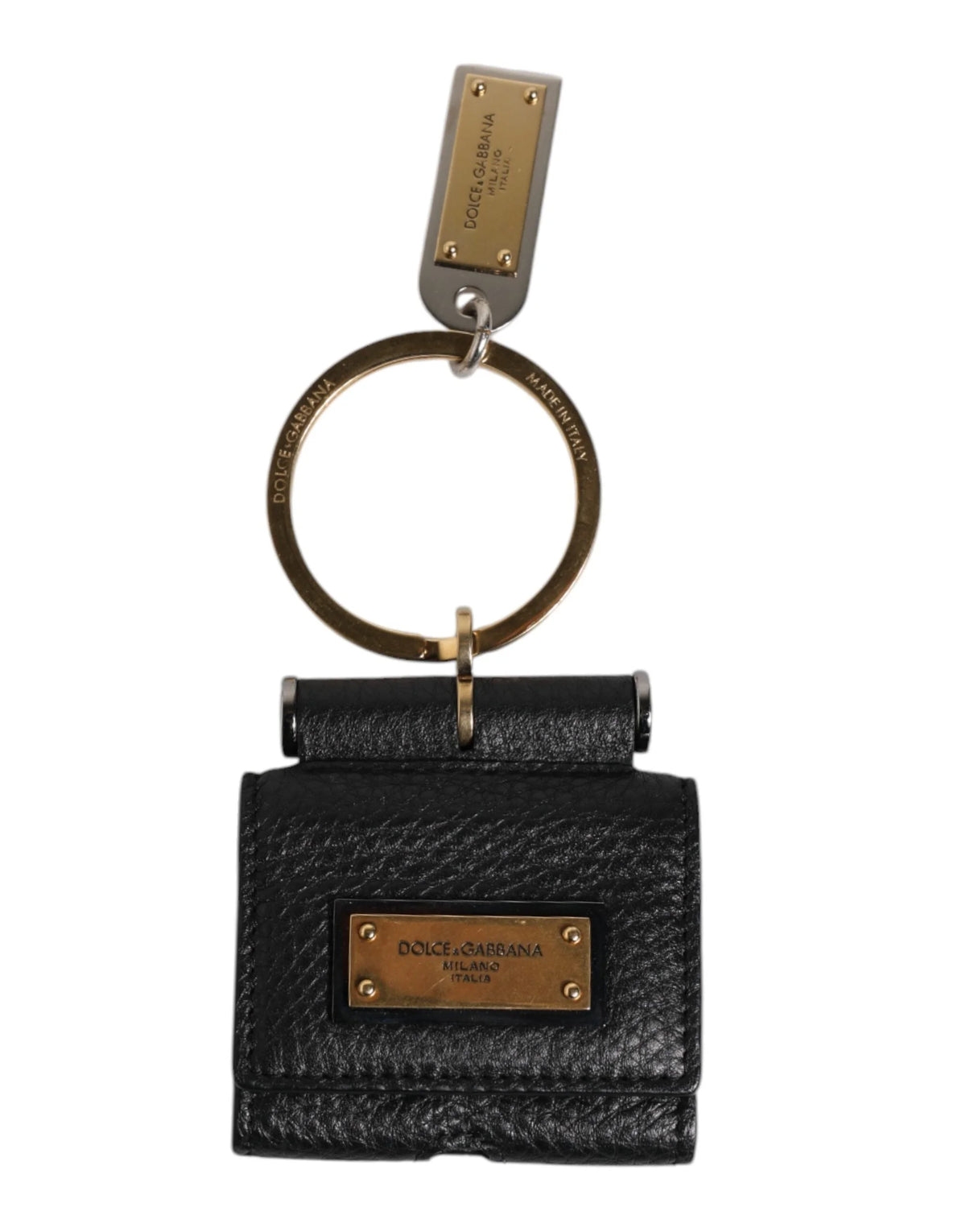 Dolce & Gabbana Black Leather Strap Gold Metal Logo Plaque Airpods Case - Headphone Carrying Cases
