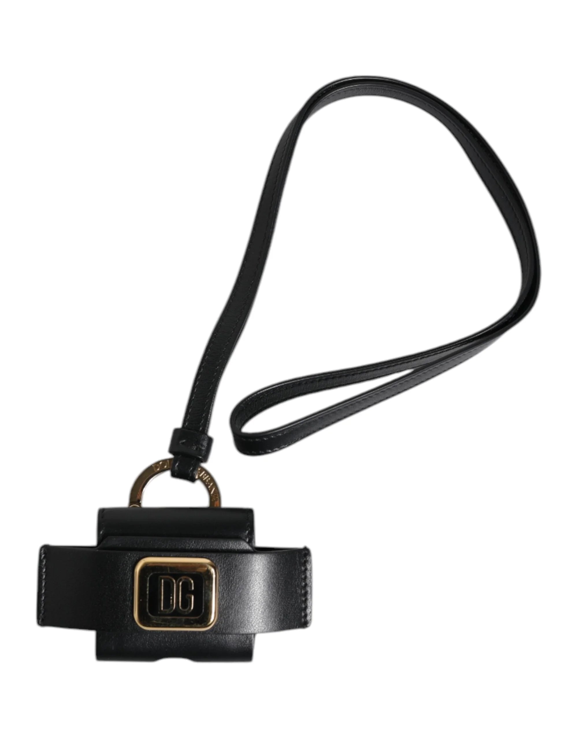Dolce & Gabbana Black Leather Strap Gold Metal Logo Plaque Airpods Case - Headphone Carrying Cases