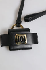 Dolce & Gabbana Black Leather Strap Gold Metal Logo Plaque Airpods Case - Headphone Carrying Cases