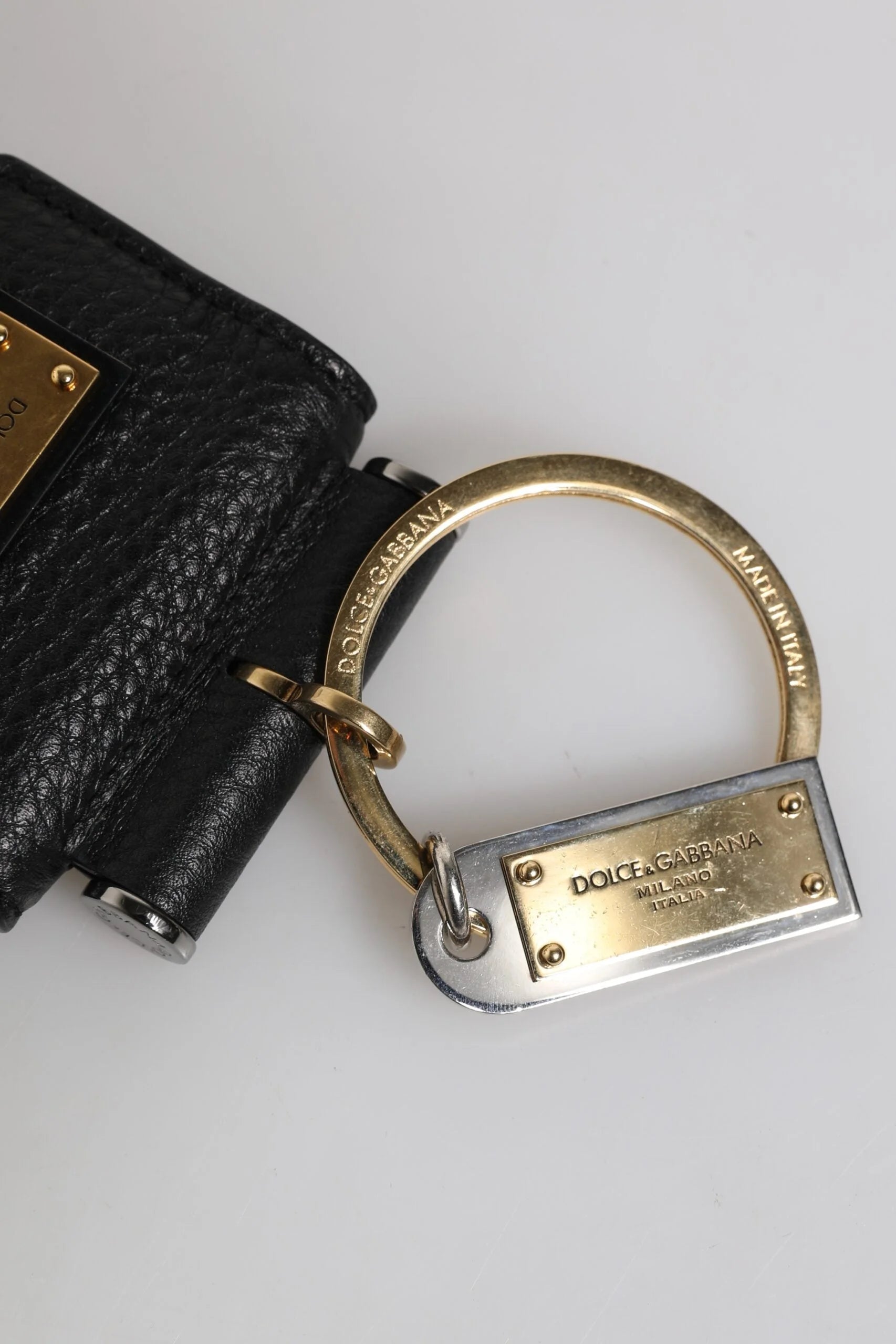 Dolce & Gabbana Black Leather Strap Gold Metal Logo Plaque Airpods Case - Headphone Carrying Cases