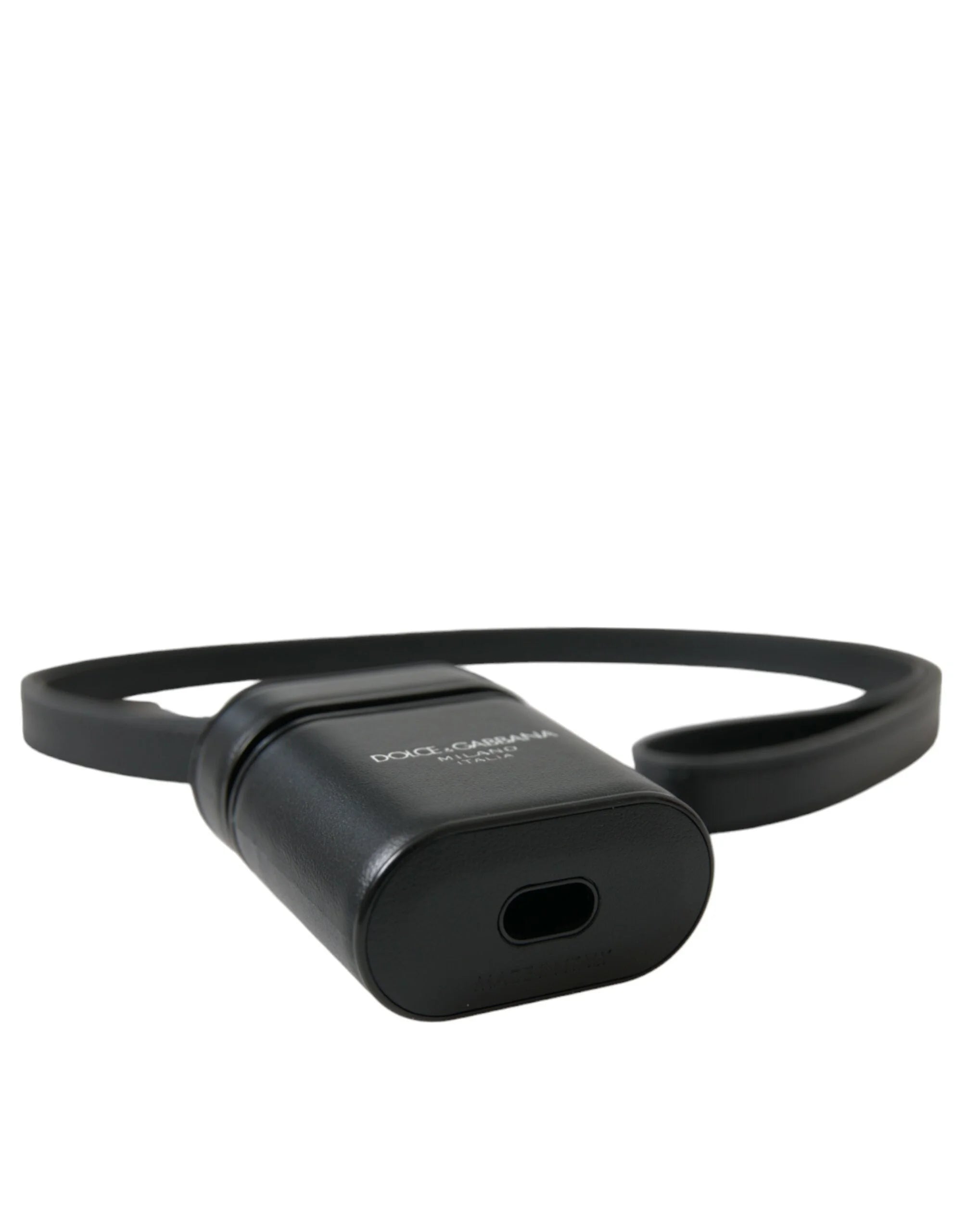 Dolce & Gabbana Black Leather Strap Silver Metal Logo Printed Airpods Case - Headphone Carrying Cases