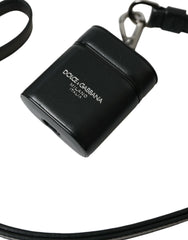 Dolce & Gabbana Black Leather Strap Silver Metal Logo Printed Airpods Case - Headphone Carrying Cases