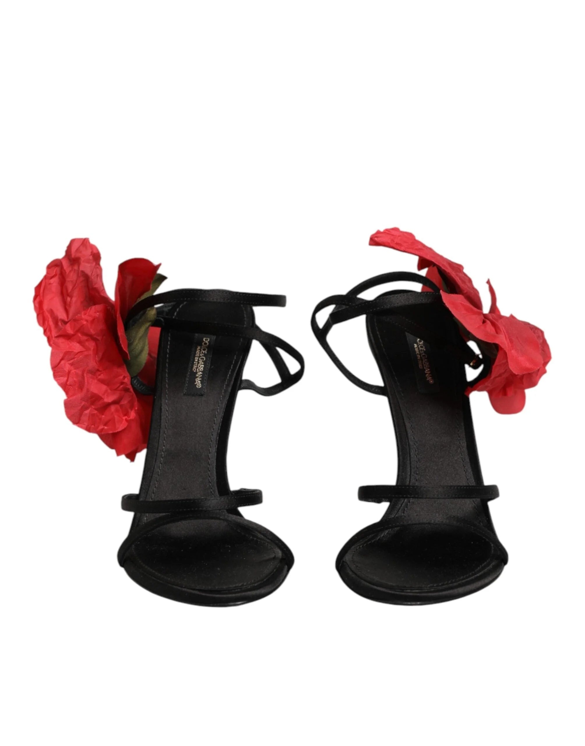 Dolce & Gabbana Black Leather Strappy Flower Heels Sandals Shoes - EU39/US8.5