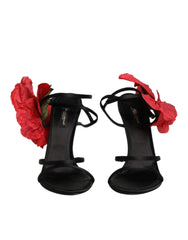 Dolce & Gabbana Black Leather Strappy Flower Heels Sandals Shoes - EU39/US8.5