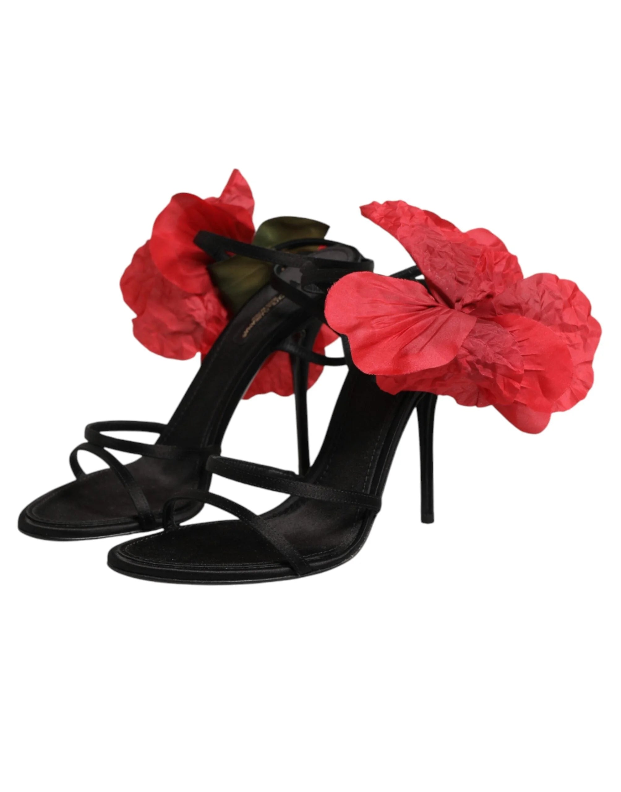 Dolce & Gabbana Black Leather Strappy Flower Heels Sandals Shoes - EU39/US8.5 - Sandals