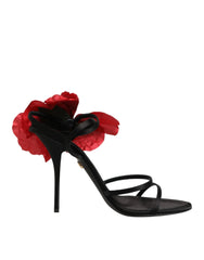 Dolce & Gabbana Black Leather Strappy Flower Heels Sandals Shoes - EU39/US8.5