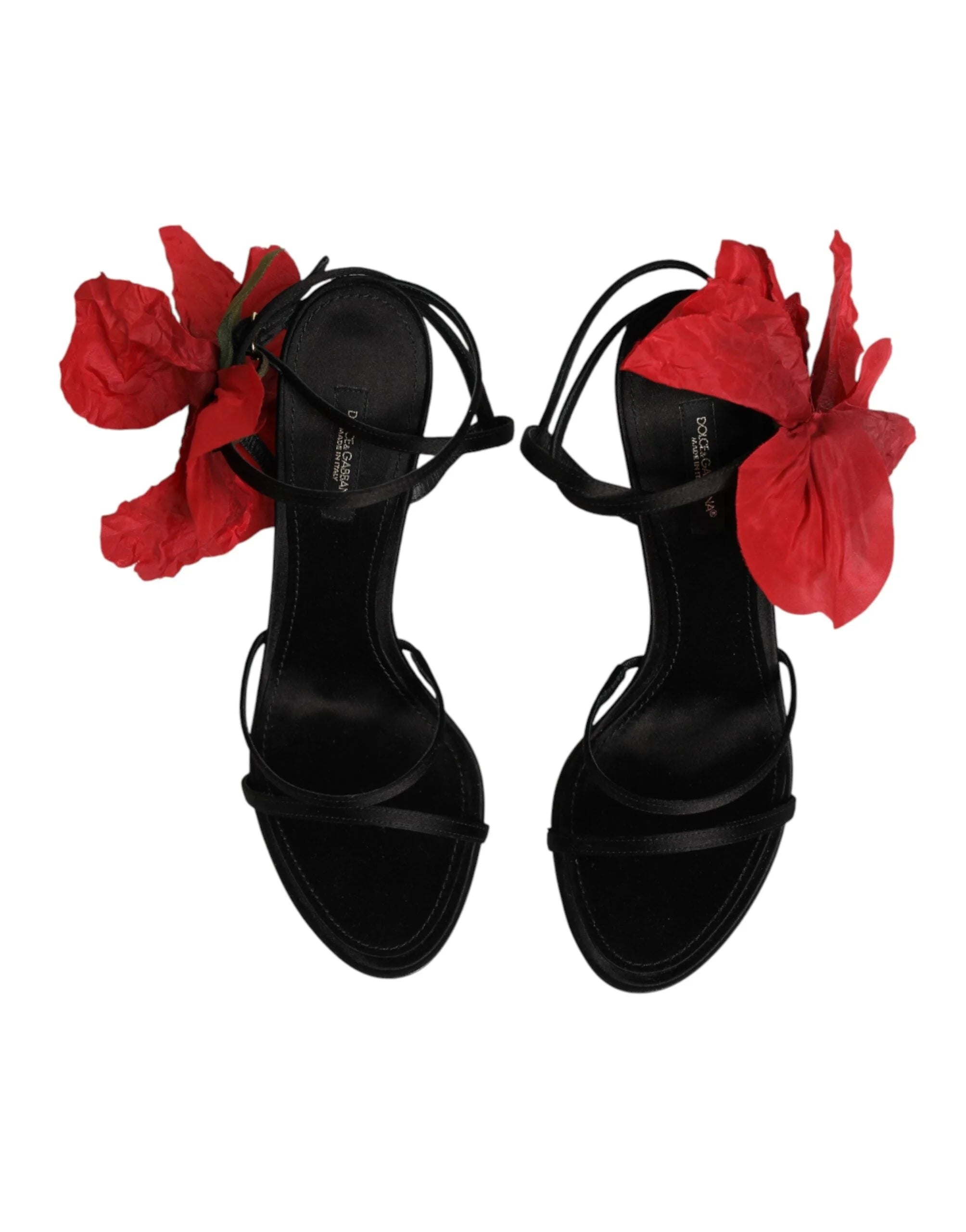 Dolce & Gabbana Black Leather Strappy Flower Heels Sandals Shoes - EU39/US8.5 - Sandals