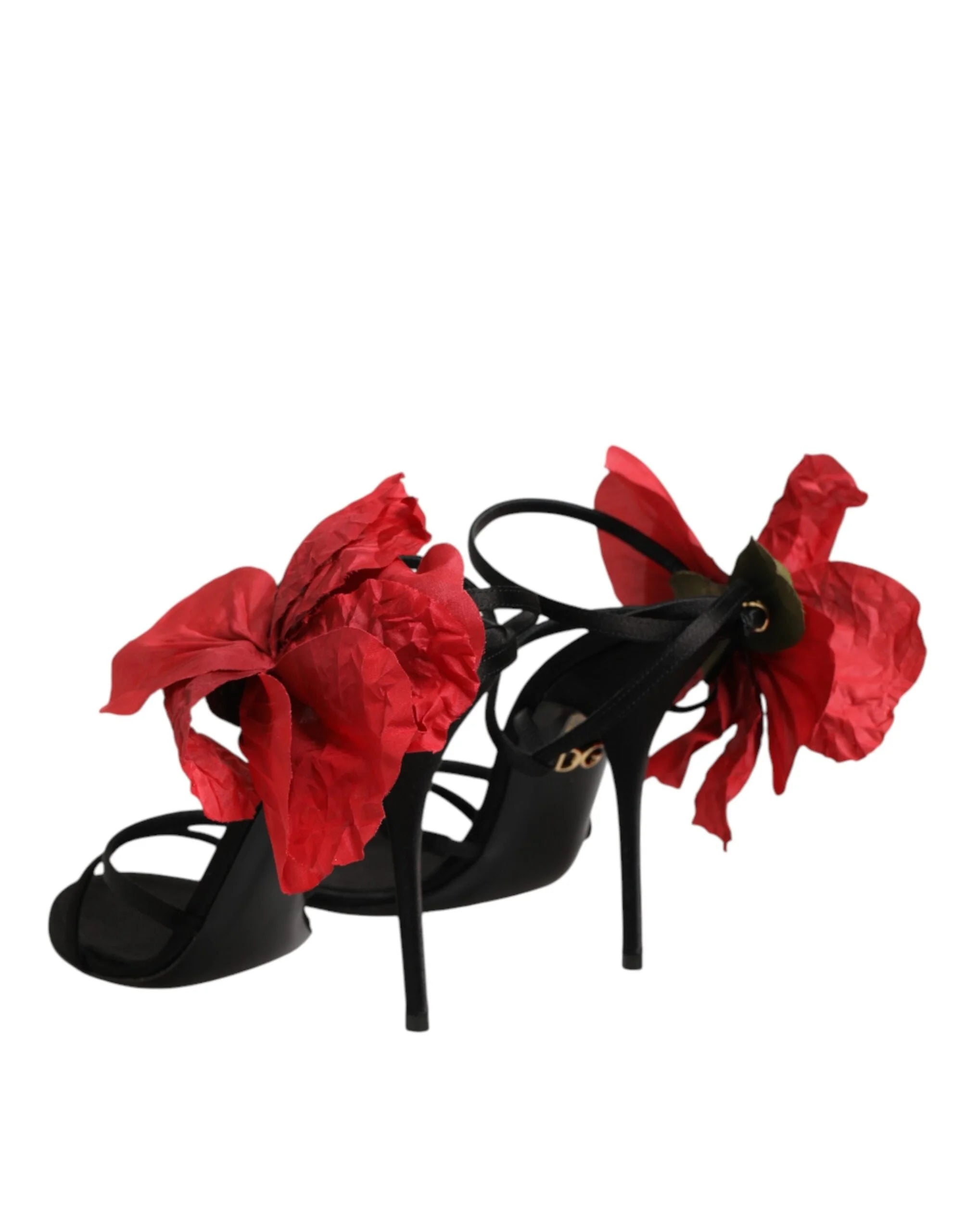 Dolce & Gabbana Black Leather Strappy Flower Heels Sandals Shoes - EU39/US8.5 - Sandals