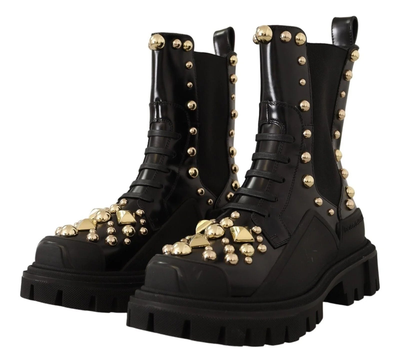 Dolce & Gabbana Black Leather Studded Combat Boots - Boots