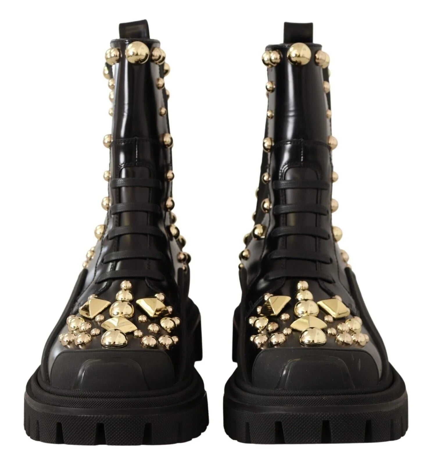 Dolce & Gabbana Black Leather Studded Combat Boots - Boots