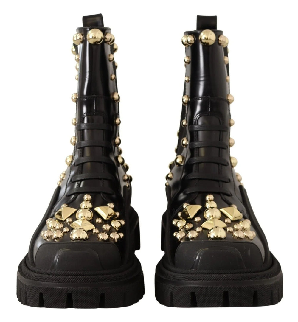 Dolce & Gabbana Black Leather Studded Combat Boots - Boots