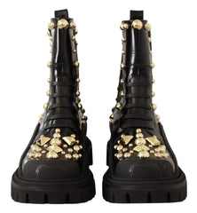Dolce & Gabbana Black Leather Studded Combat Boots - Boots