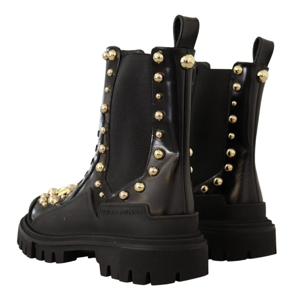 Dolce & Gabbana Black Leather Studded Combat Boots - Boots