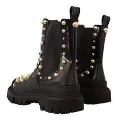 Dolce & Gabbana Black Leather Studded Combat Boots - Boots