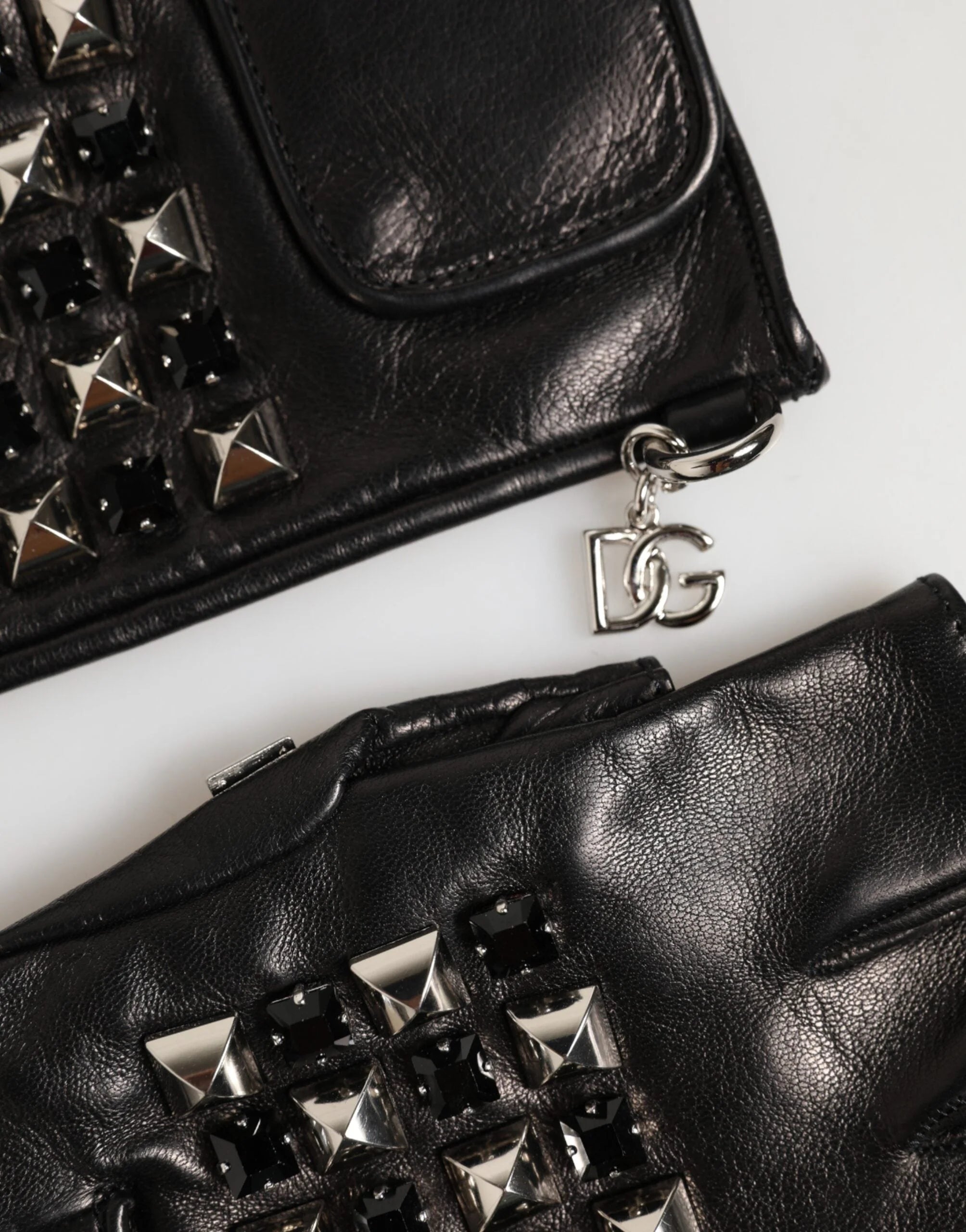 Dolce & Gabbana Black Leather Studded Fingerless Hand Mitten Men Gloves - Gloves & Mittens
