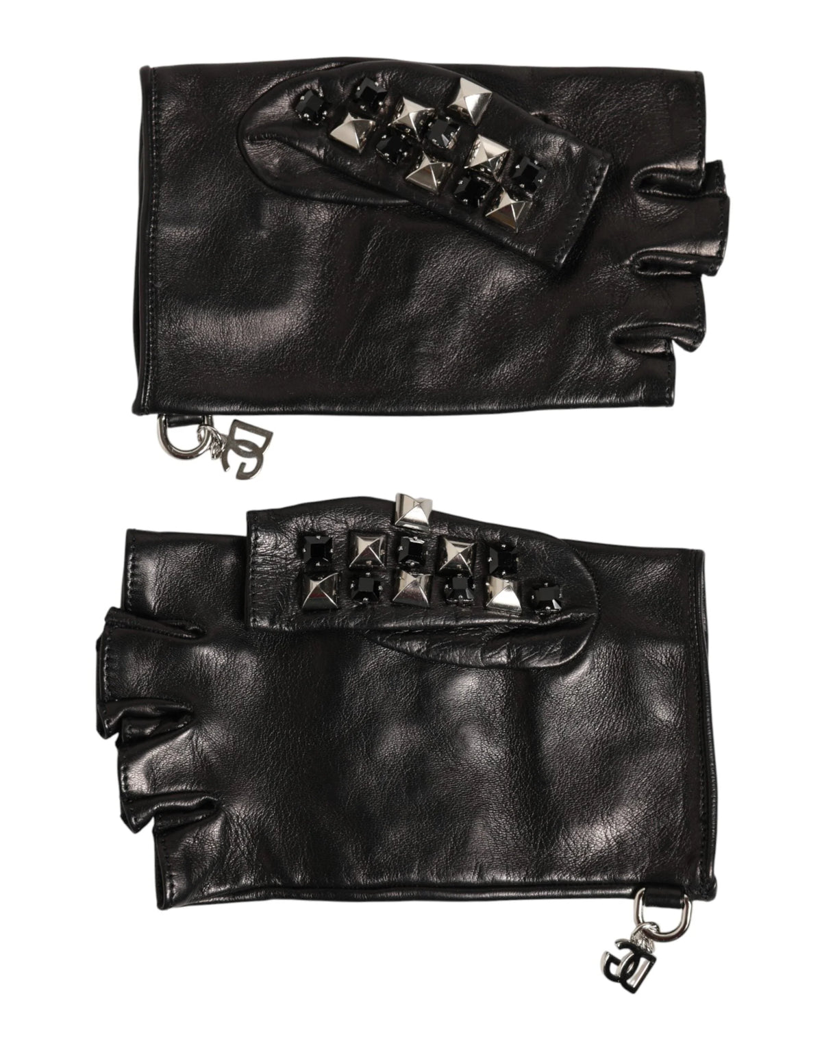 Dolce & Gabbana Black Leather Studded Fingerless Hand Mitten Men Gloves - Gloves & Mittens