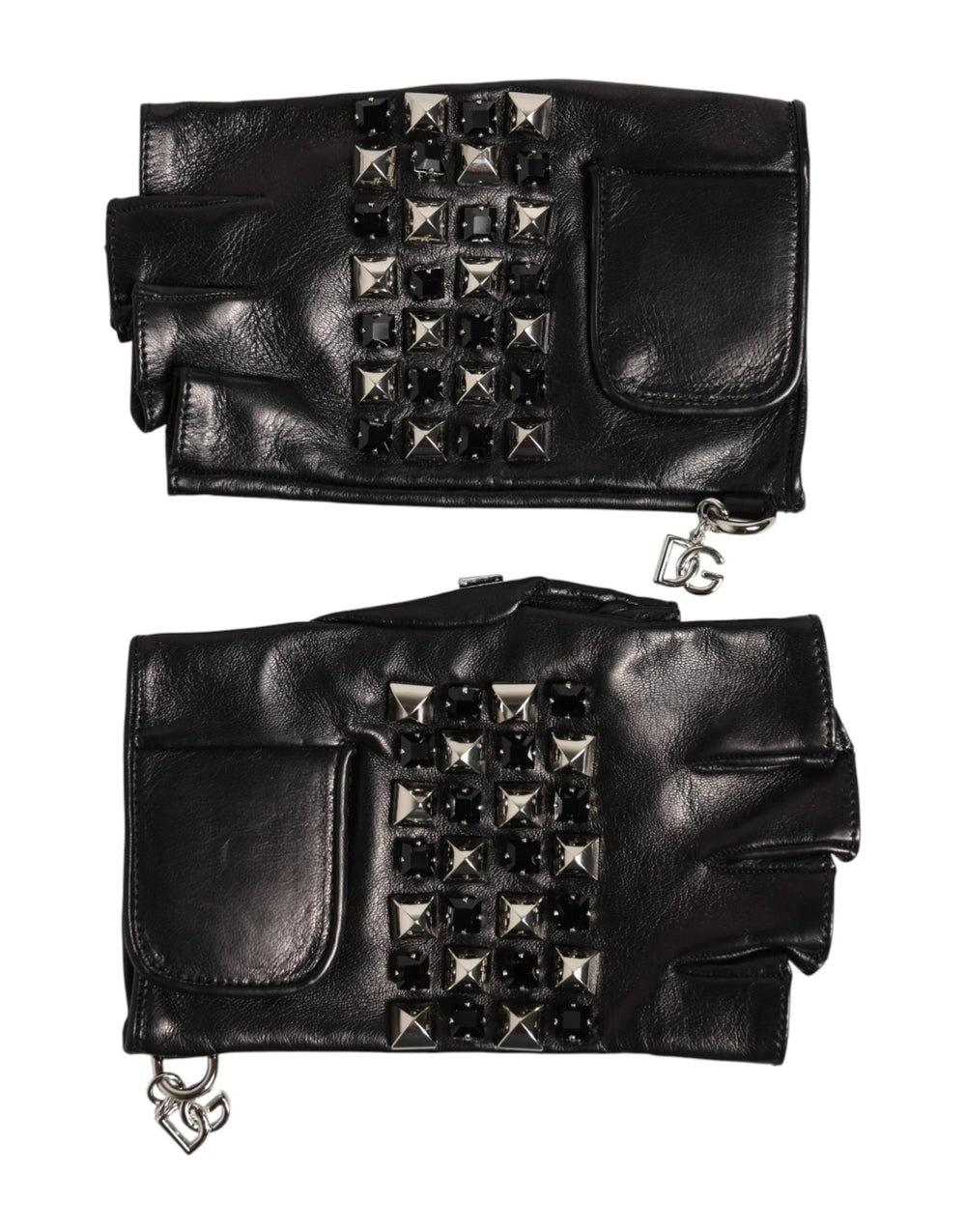 Dolce & Gabbana Black Leather Studded Fingerless Hand Mitten Men Gloves - Gloves & Mittens