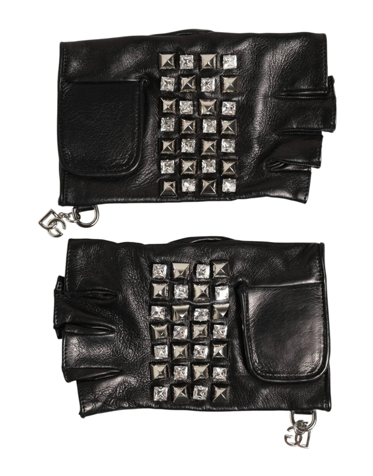 Dolce & Gabbana Black Leather Studded Fingerless Hand Mitten Men Gloves - Gloves & Mittens