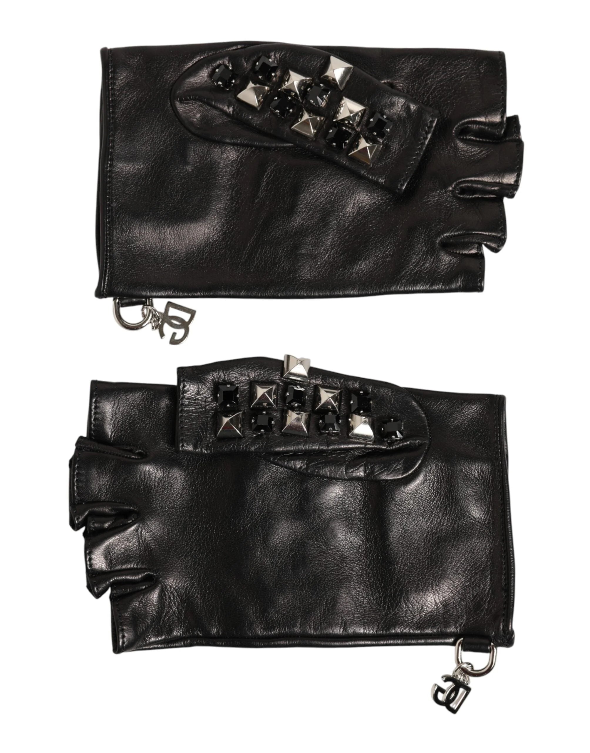Dolce & Gabbana Black Leather Studded Fingerless Hand Mitten Men Gloves - Gloves & Mittens