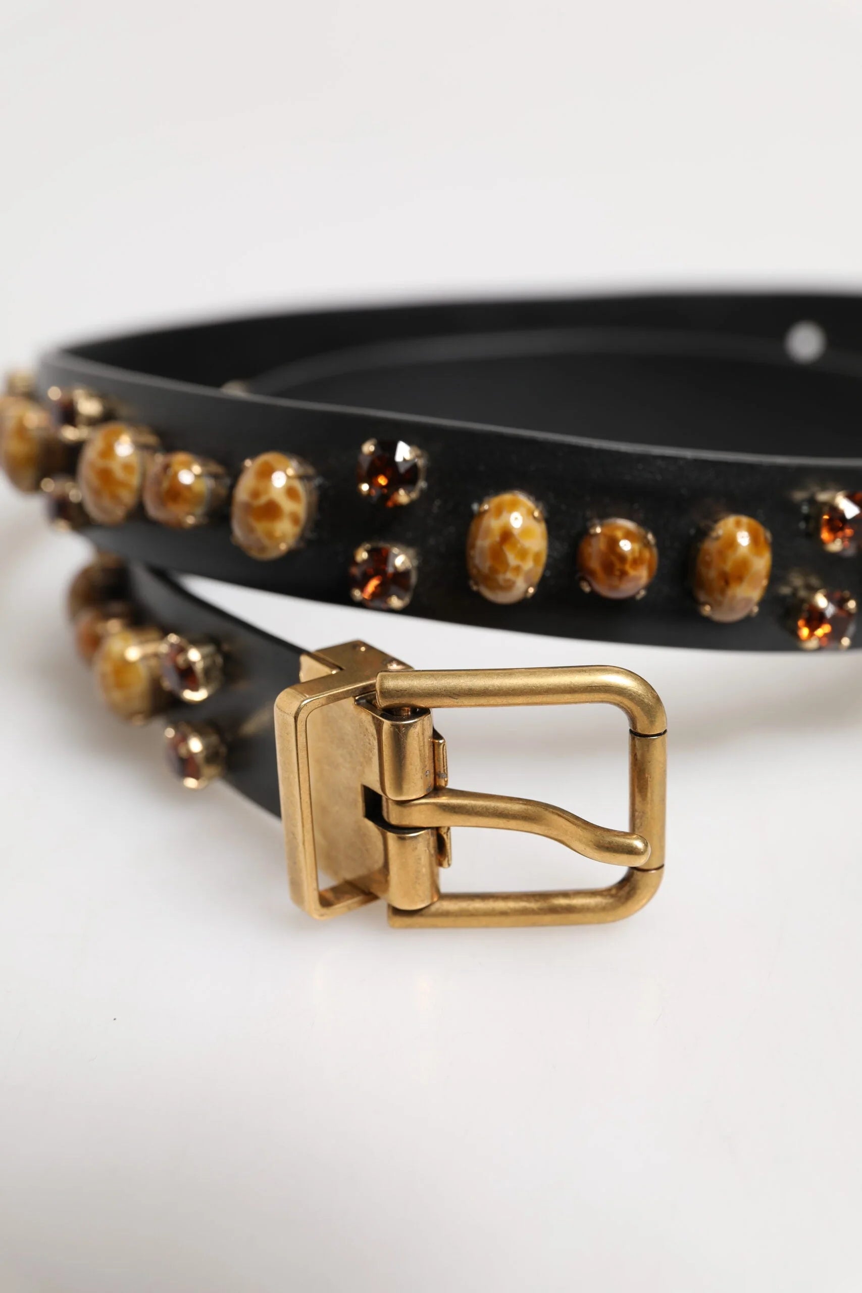 Dolce & Gabbana Black Leather Studded Gold Tone Buckle Belt - 85 cm / 34 Inches - Belts