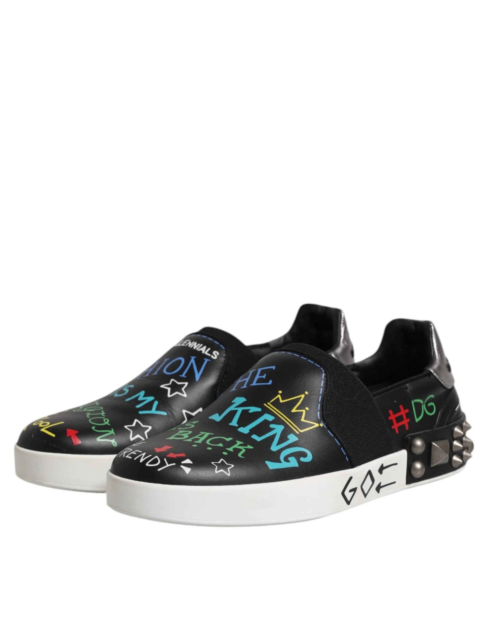 Dolce & Gabbana Black Leather Studded Graffiti Sneakers Shoes - EU40/US7 - Sneakers