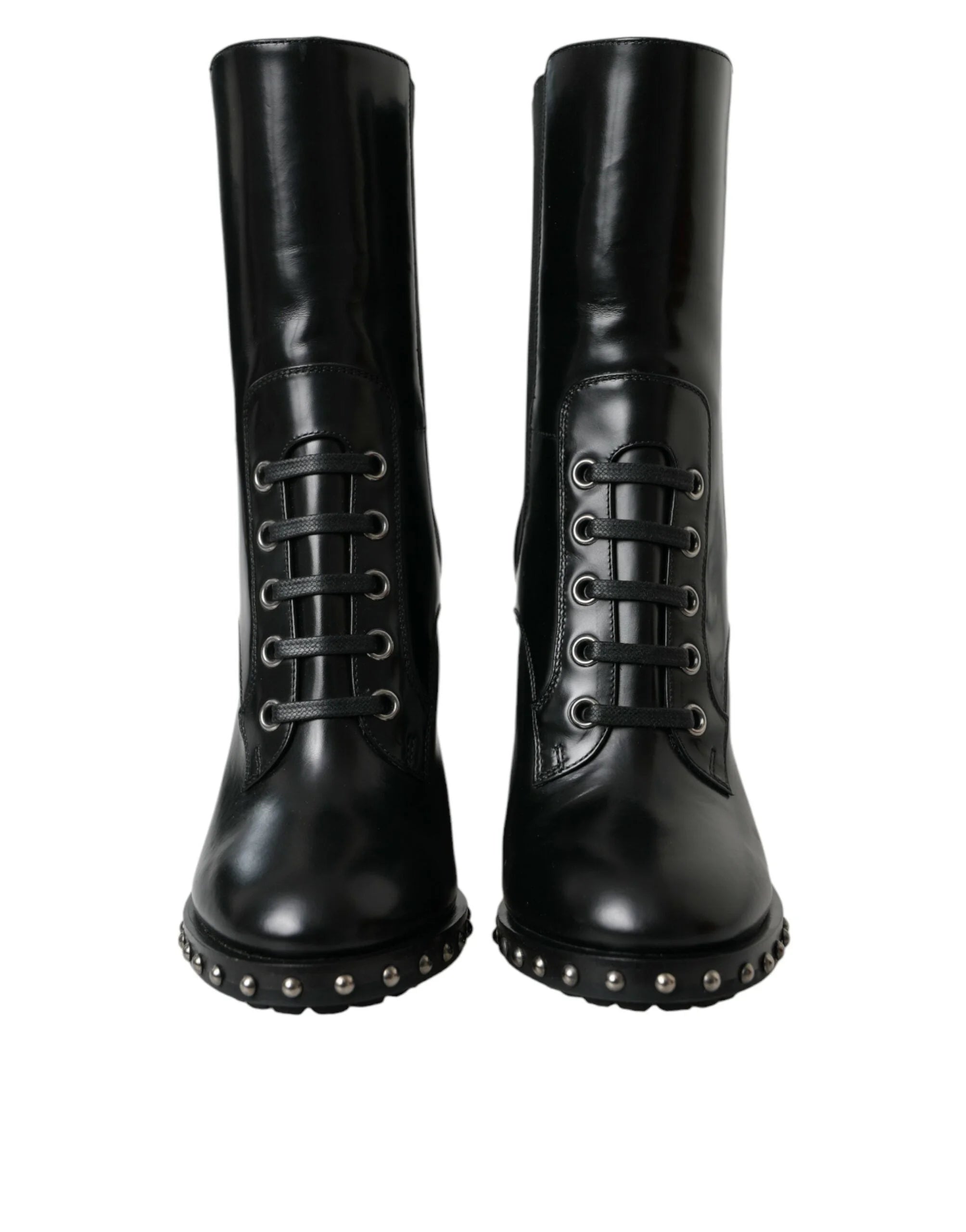 Dolce & Gabbana Black Leather Studded Lace Up Boots Shoes - EU36/US5.5 - Boots