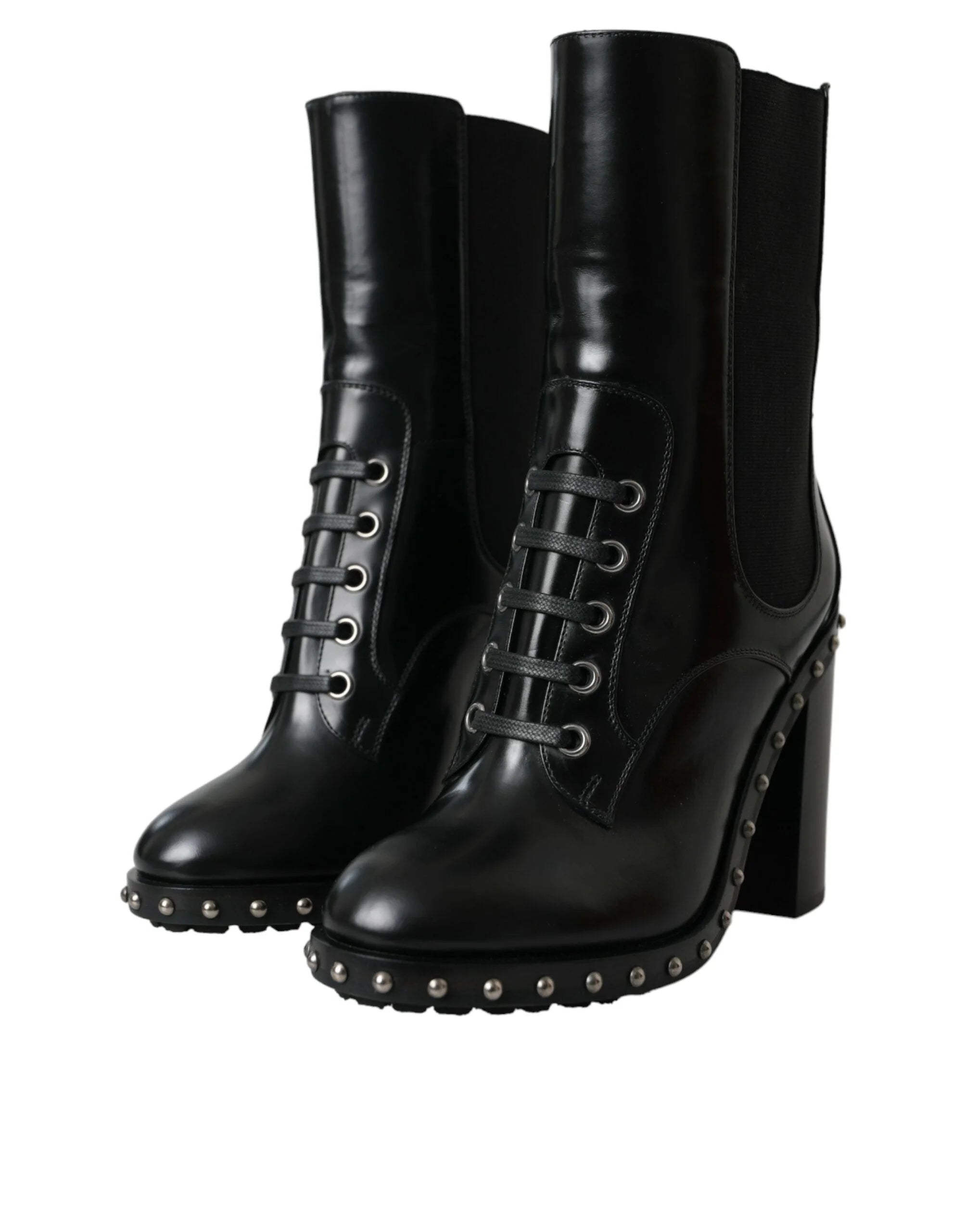Dolce & Gabbana Black Leather Studded Lace Up Boots Shoes - EU36/US5.5 - Boots