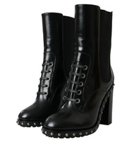 Dolce & Gabbana Black Leather Studded Lace Up Boots Shoes - EU36/US5.5 - Boots