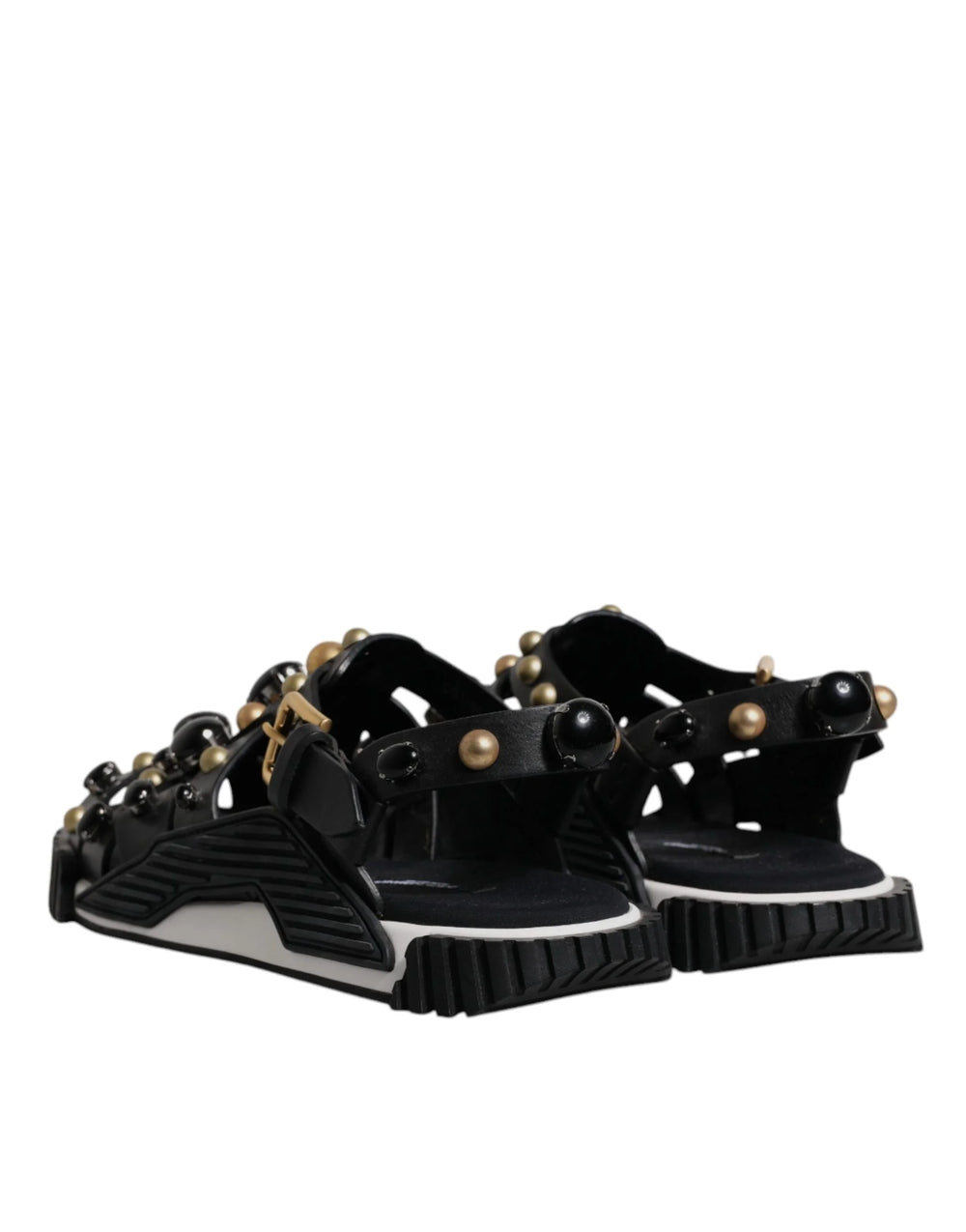 Dolce & Gabbana Black Leather Studded Slides Sandals Shoes - Sandals