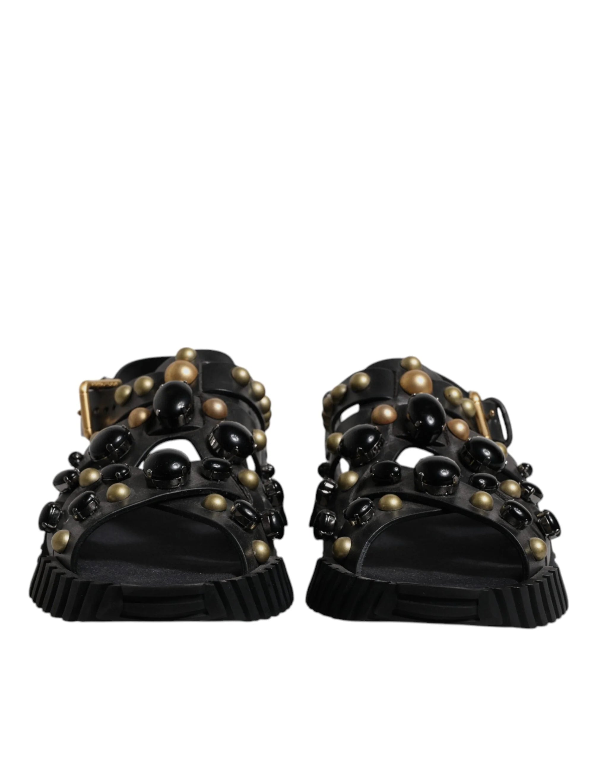Dolce & Gabbana Black Leather Studded Slides Sandals Shoes - Sandals
