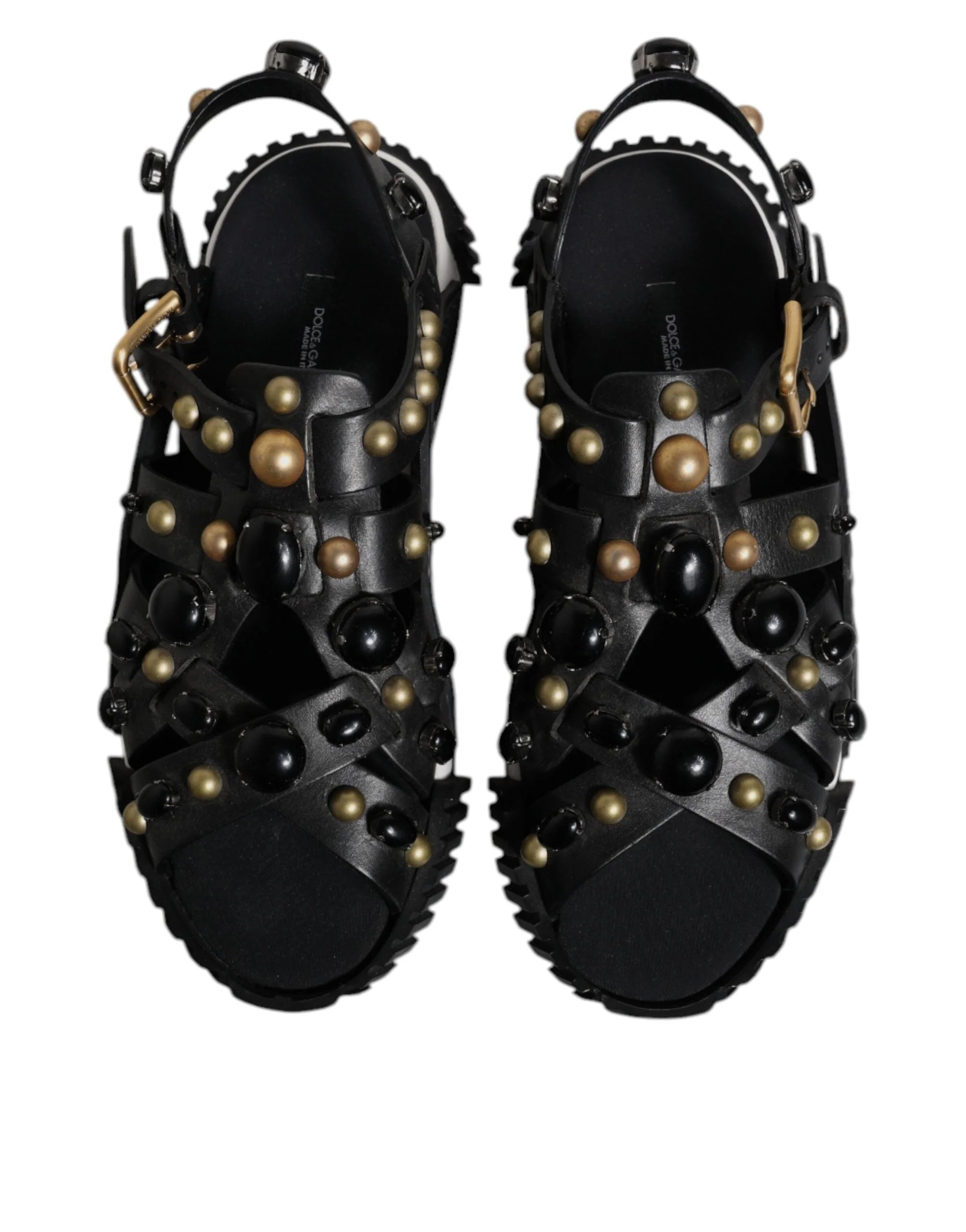 Dolce & Gabbana Black Leather Studded Slides Sandals Shoes - Sandals
