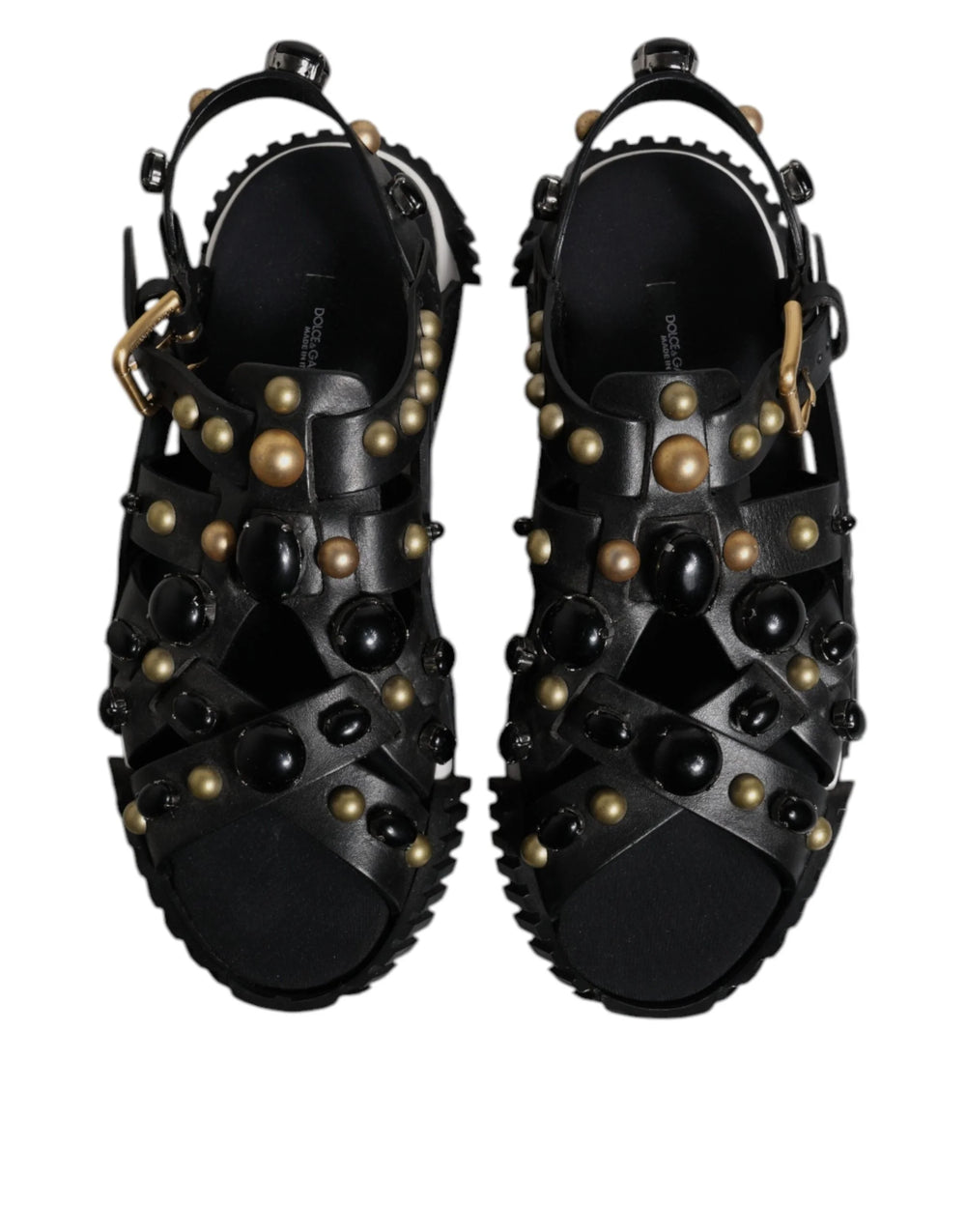 Dolce & Gabbana Black Leather Studded Slides Sandals Shoes - Sandals