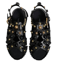 Dolce & Gabbana Black Leather Studded Slides Sandals Shoes - Sandals