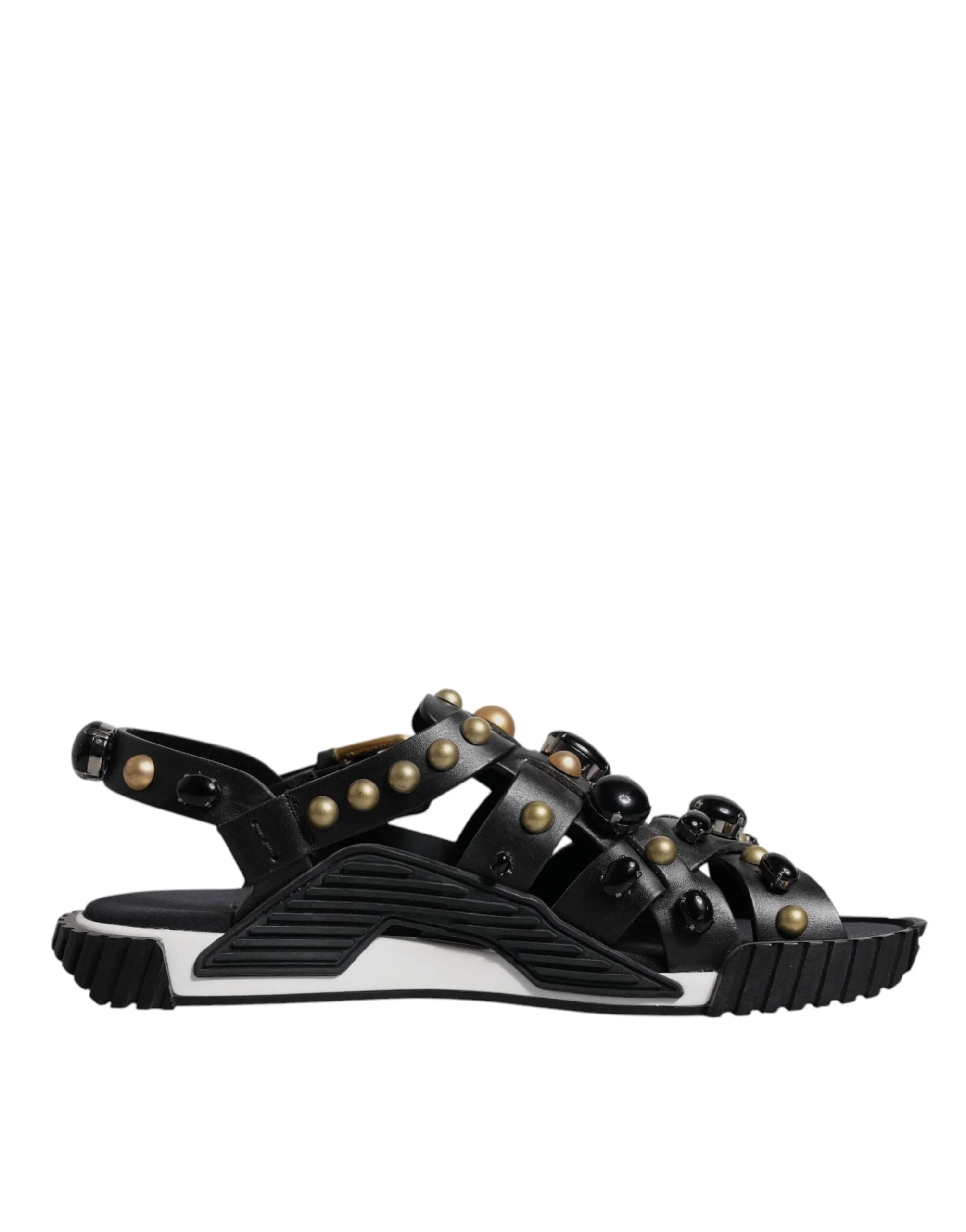 Dolce & Gabbana Black Leather Studded Slides Sandals Shoes - Sandals