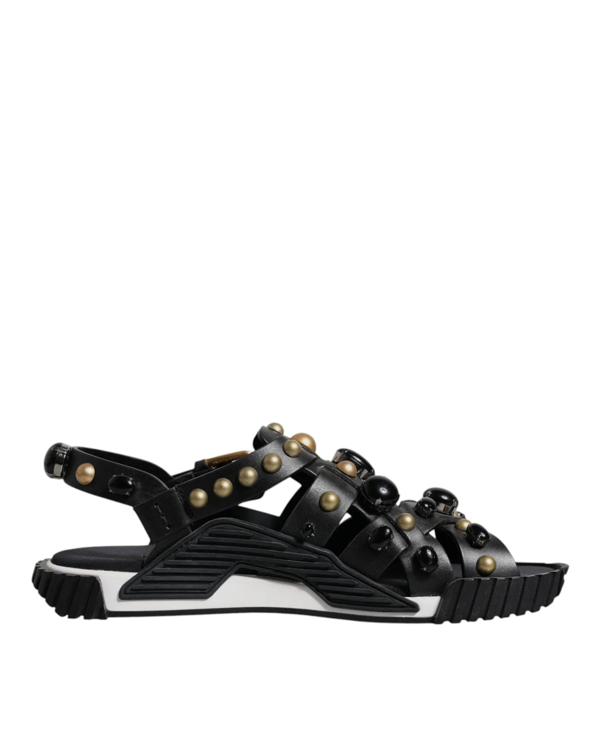 Dolce & Gabbana Black Leather Studded Slides Sandals Shoes - Sandals