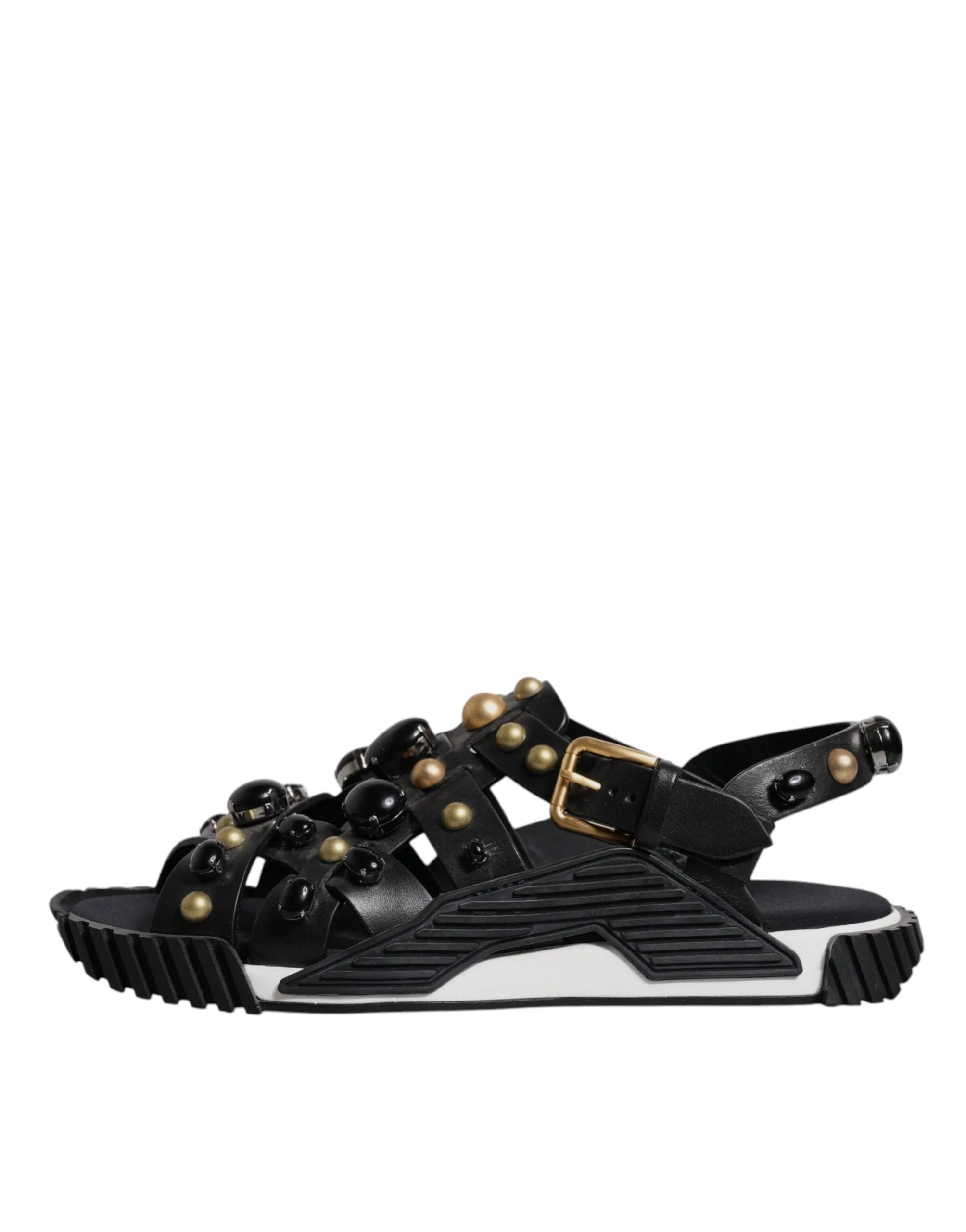 Dolce & Gabbana Black Leather Studded Slides Sandals Shoes - Sandals