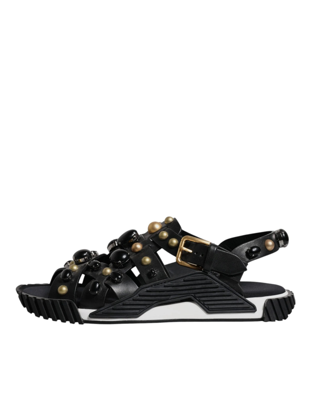 Dolce & Gabbana Black Leather Studded Slides Sandals Shoes - Sandals