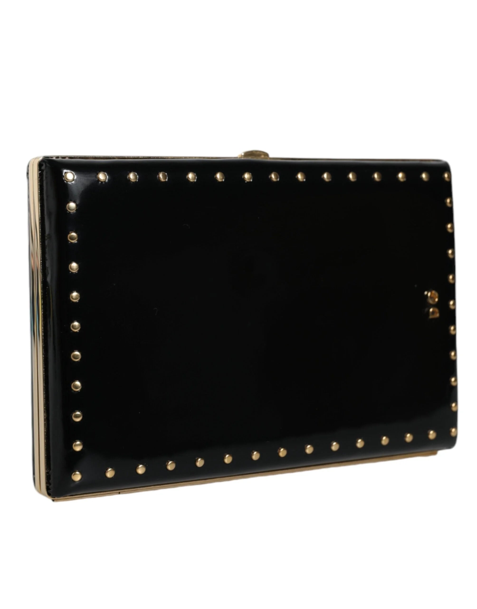 Dolce & Gabbana Black Leather Studs Gold Frame Clutch Evening Purse Bag - Clutch Bags