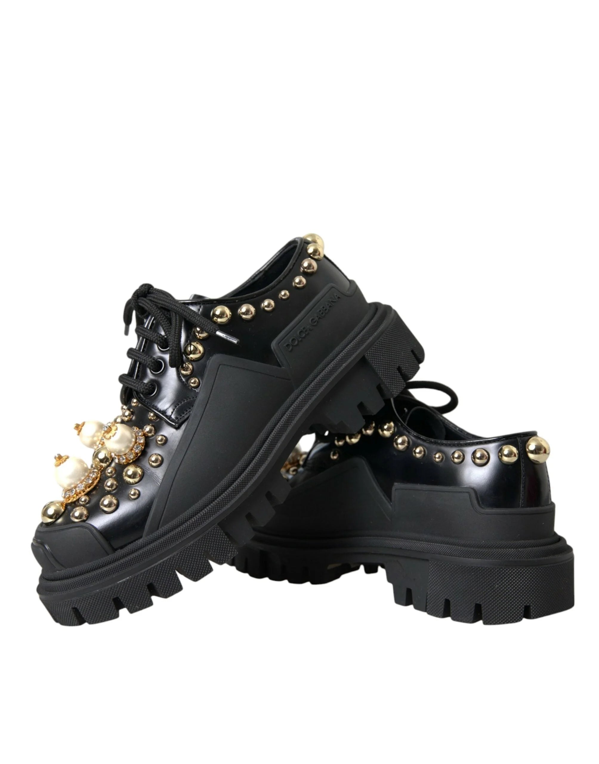 Dolce & Gabbana Black Leather Trekking Derby Embellished Shoes - EU35.5/US5 - Boots
